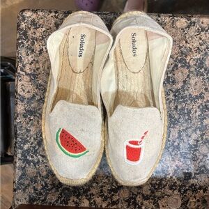 Soludos Cream Espadrilles with Watermelon and Drink Embroidery